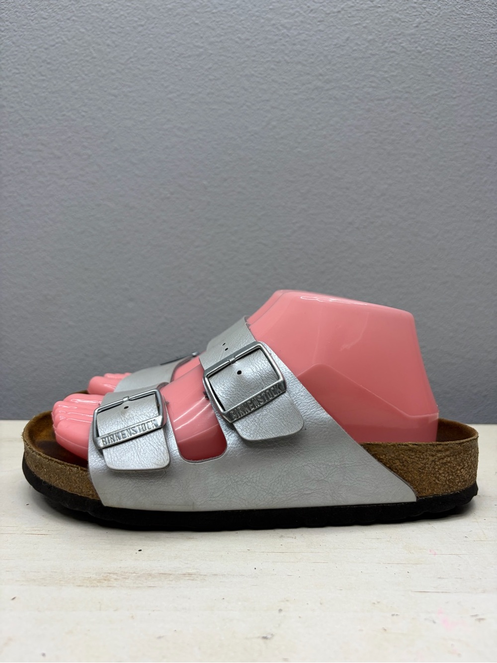 Birkenstock Silver Leather Arizona Sandals Size 38